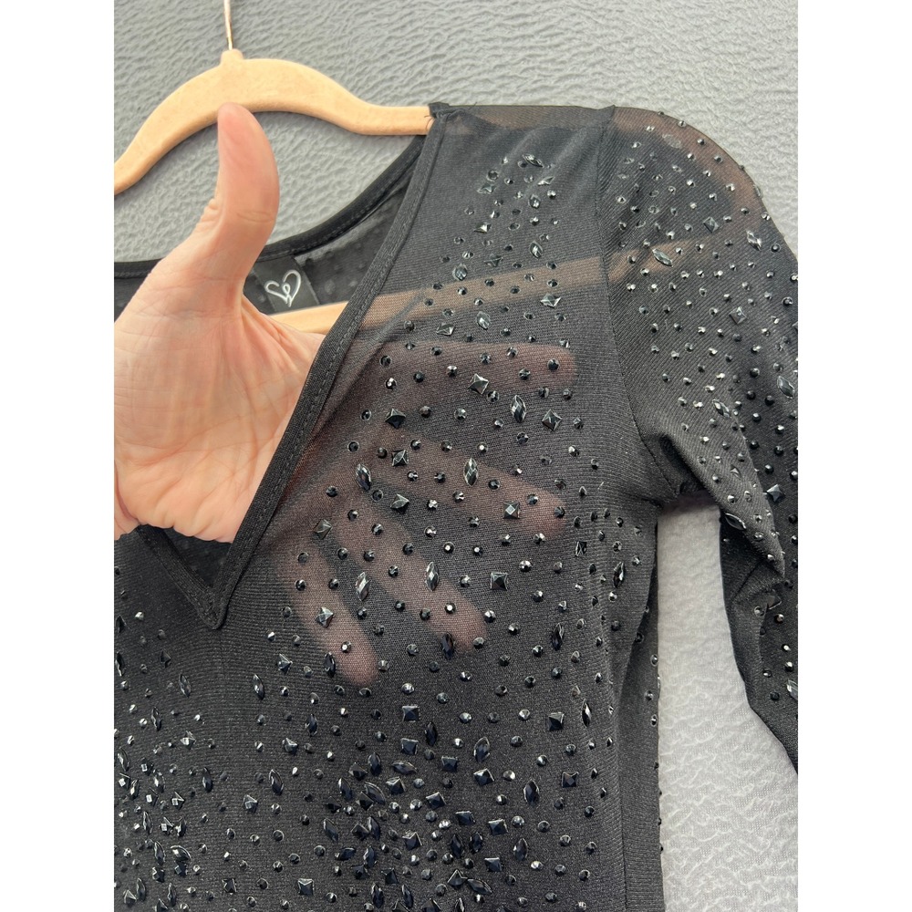 Windsor Bodysuit Womens S Black Rhinestone Embellished Mesh Long Sleeve - Picture 3 of 10